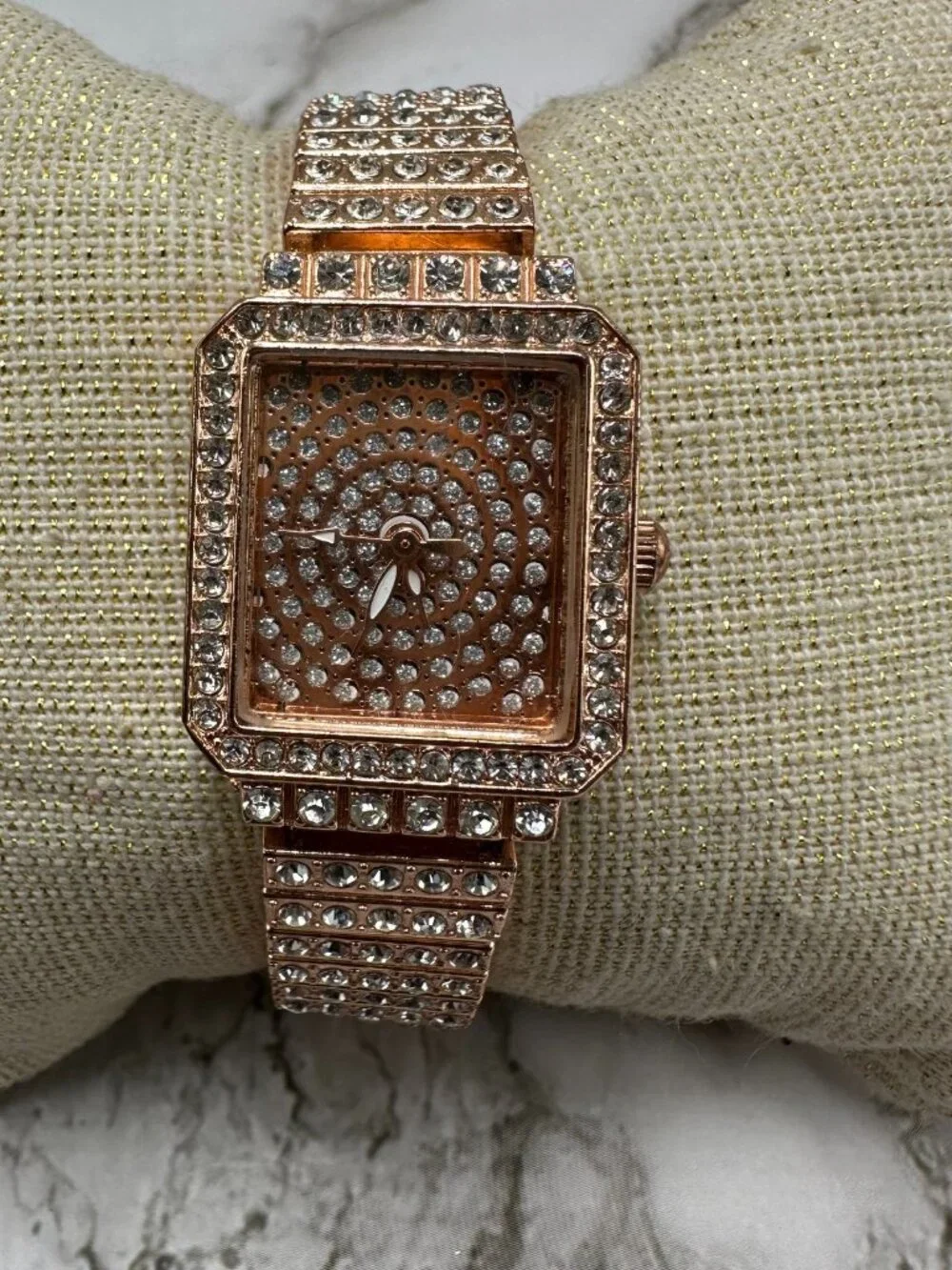 Rose Gold Tone Rhinestone Watch Womens Square Dial 20MM New Battery 6.5 Inch